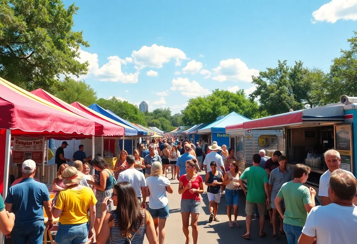 Crowd enjoying summer festival with food trucks in Austin