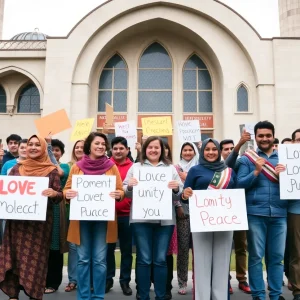 Community members promoting unity in front of a mosque after vandalism incidents.