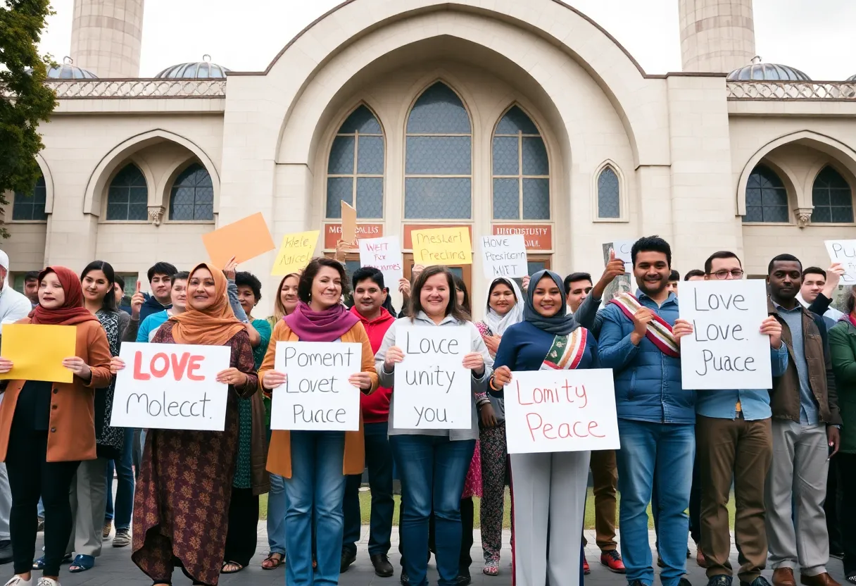 Community members promoting unity in front of a mosque after vandalism incidents.