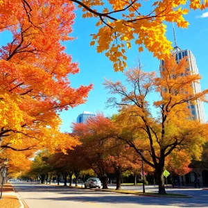 A sunny day in October in Austin, Texas with bright autumn foliage.