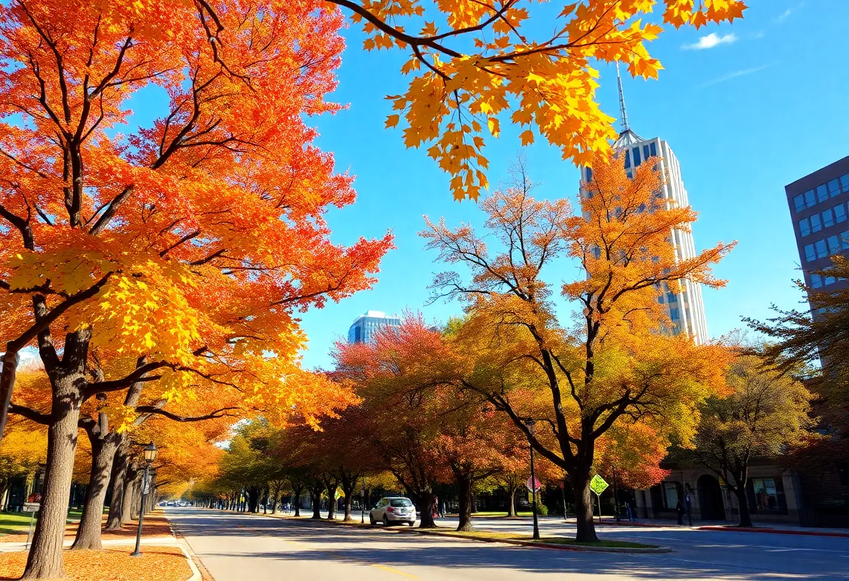 A sunny day in October in Austin, Texas with bright autumn foliage.
