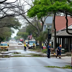 Storm damage in Austin with broken tree limbs and debris