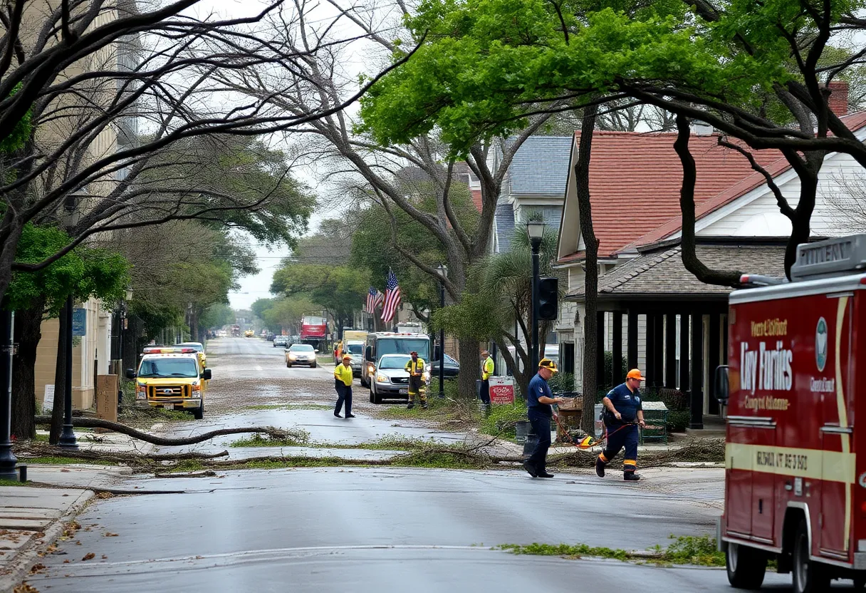 Storm damage in Austin with broken tree limbs and debris