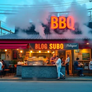 Outdoor BBQ restaurant with patrons enjoying their meals