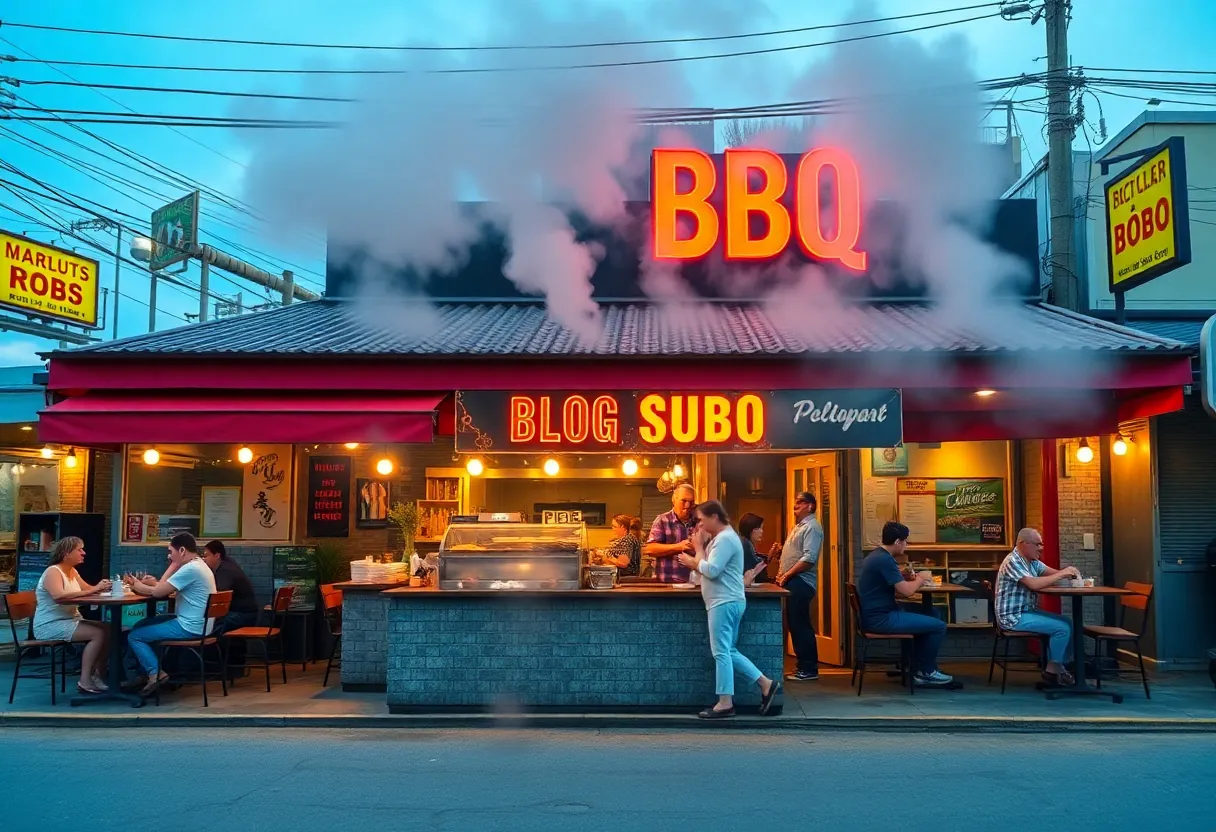 Outdoor BBQ restaurant with patrons enjoying their meals