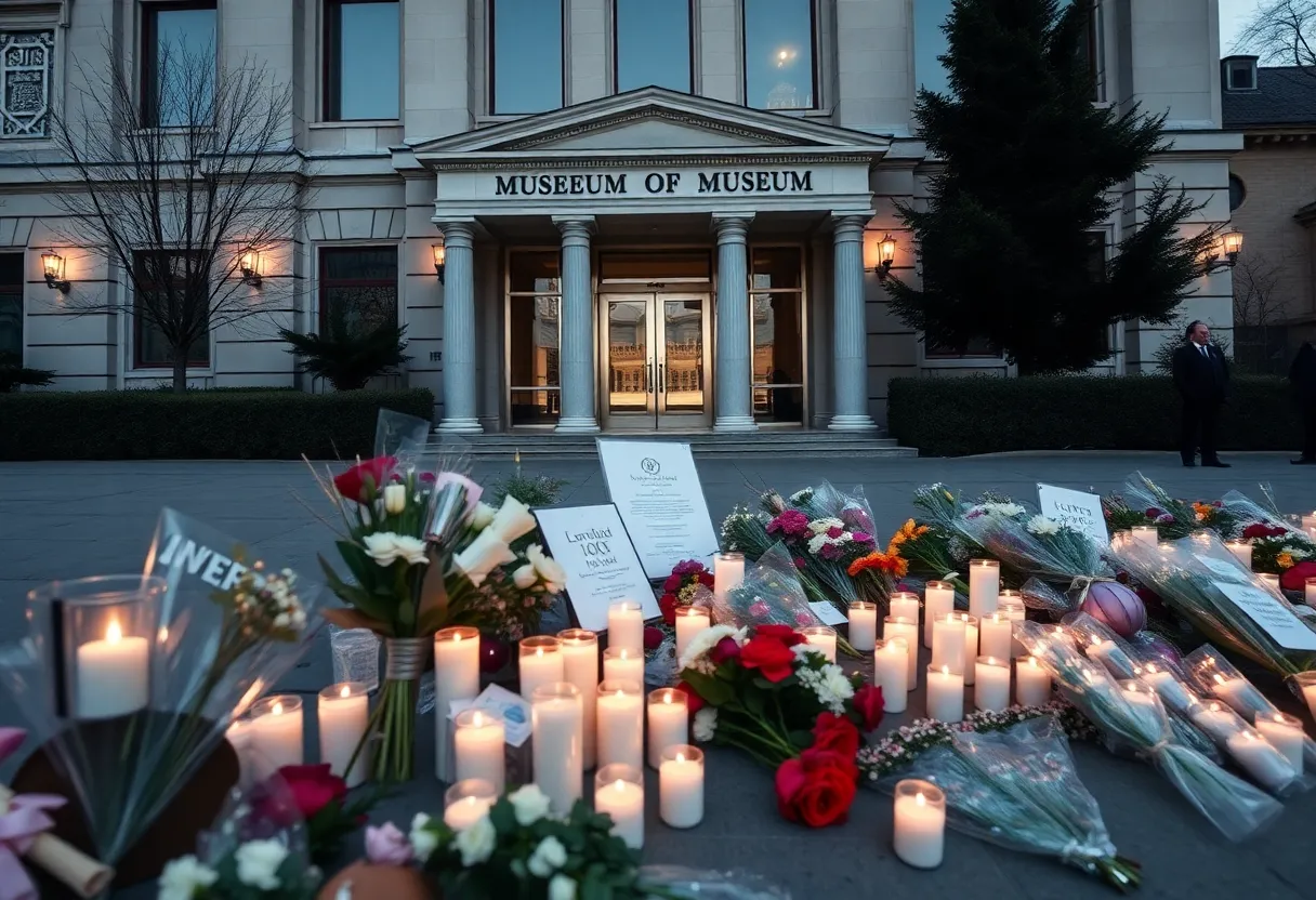 Memorial with candles and flowers outside the Jewish museum