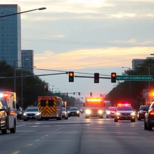 Emergency vehicles at a traffic accident scene in Central Austin
