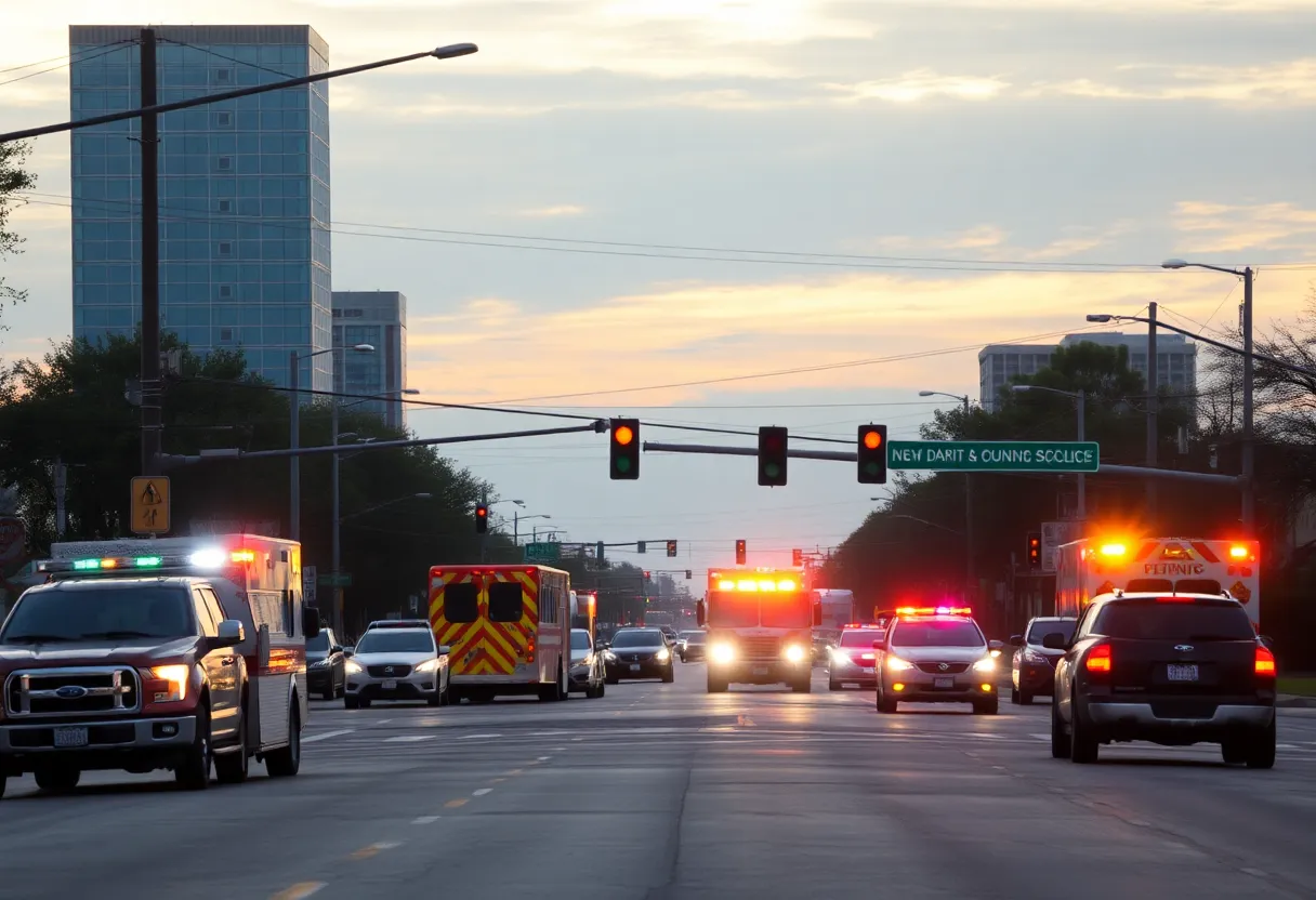 Emergency vehicles at a traffic accident scene in Central Austin