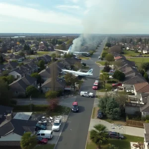 Debris and emergency response at the site of a Cessna aircraft crash in a San Diego neighborhood