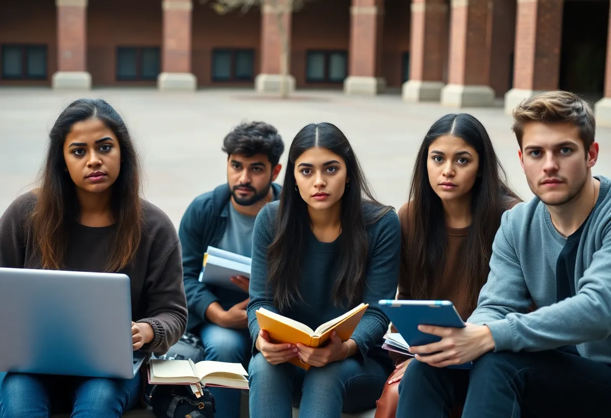 A group of students in a courtyard looking worried about their academic future.