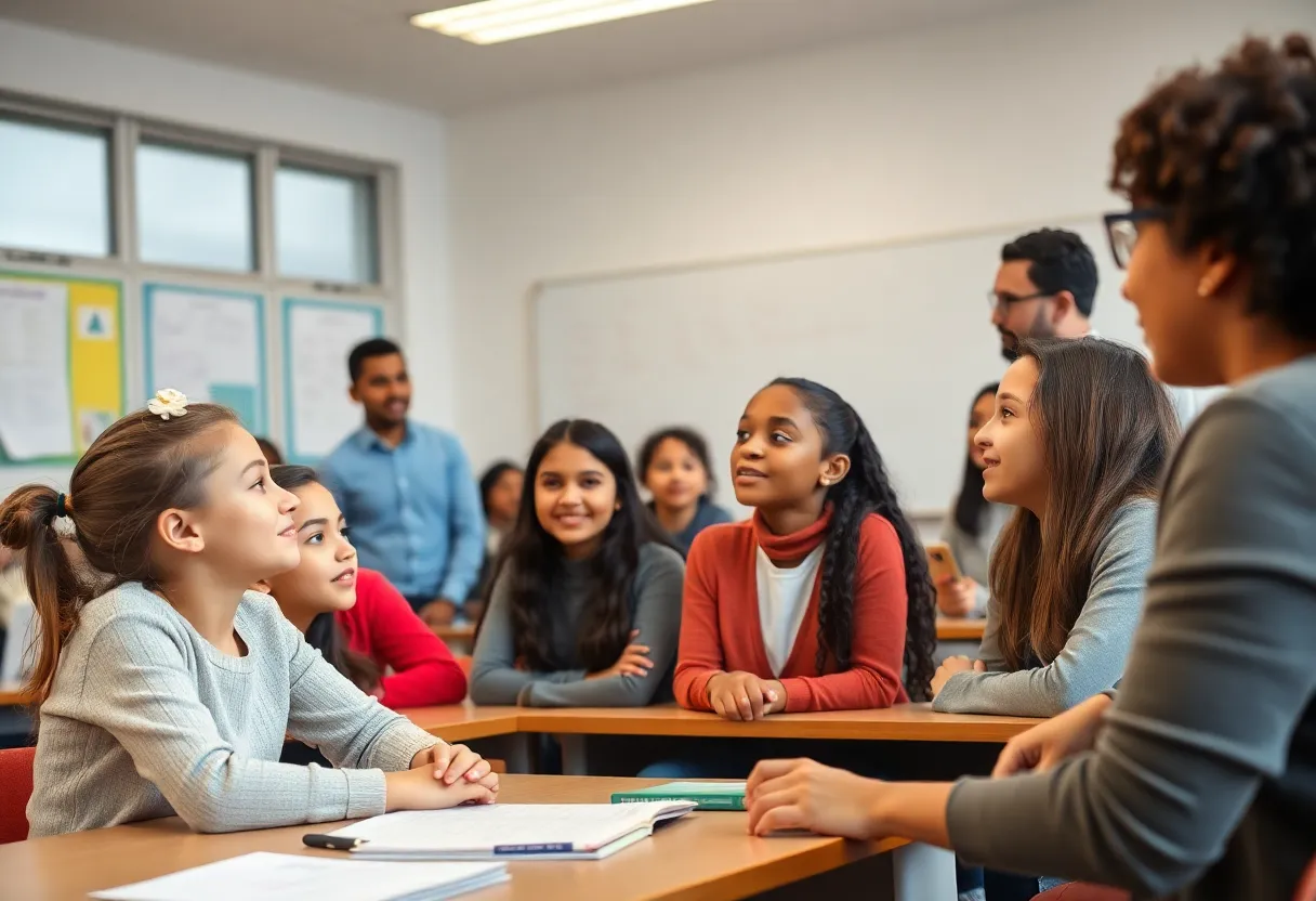 Diverse students engaged in a classroom discussion about education.