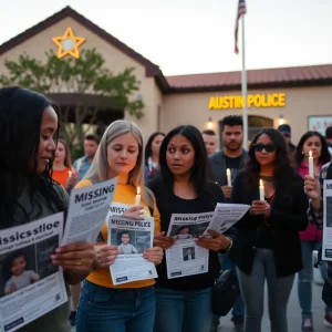Community members gathering in front of a police department for a missing child case.