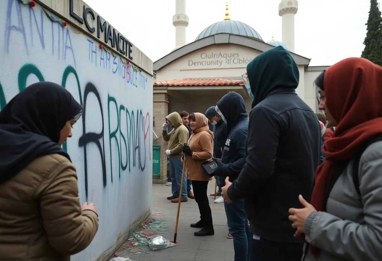 Community members cleaning graffiti from a mosque.