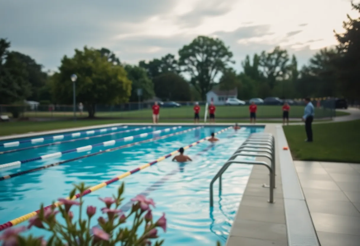 A tranquil park pool area with lifeguards on duty, symbolizing safety and community.