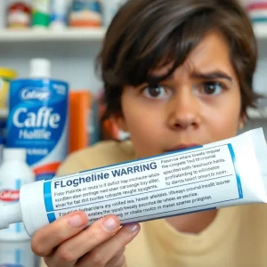 Parent examining fluoride toothpaste labels