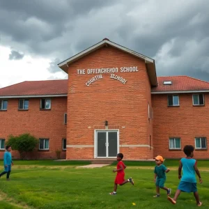 Dobie Middle School exterior with students playing