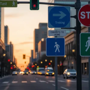 Traffic scene in downtown Austin emphasizing pedestrian safety