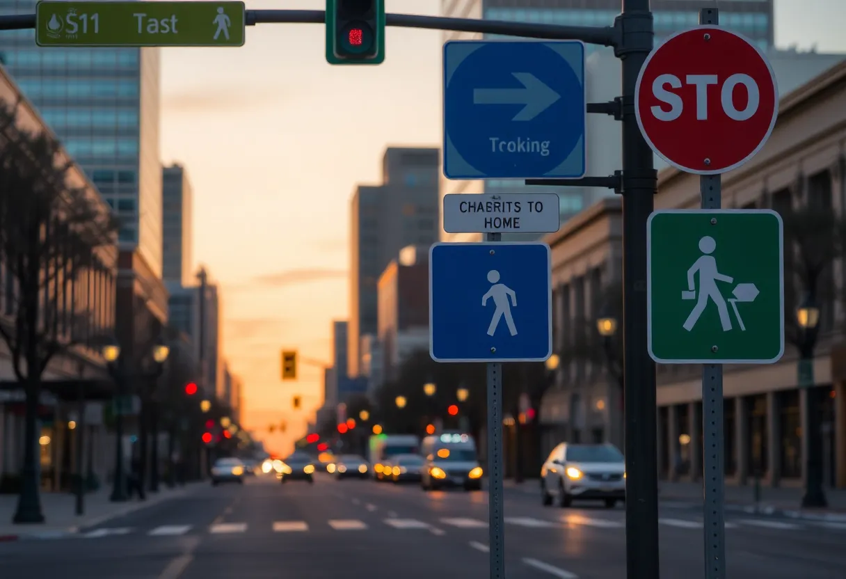 Traffic scene in downtown Austin emphasizing pedestrian safety