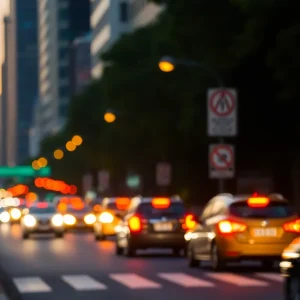 Busy downtown Austin street at dawn