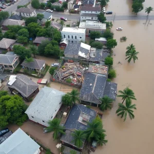Aerial view of flood damage in Austin after severe storms
