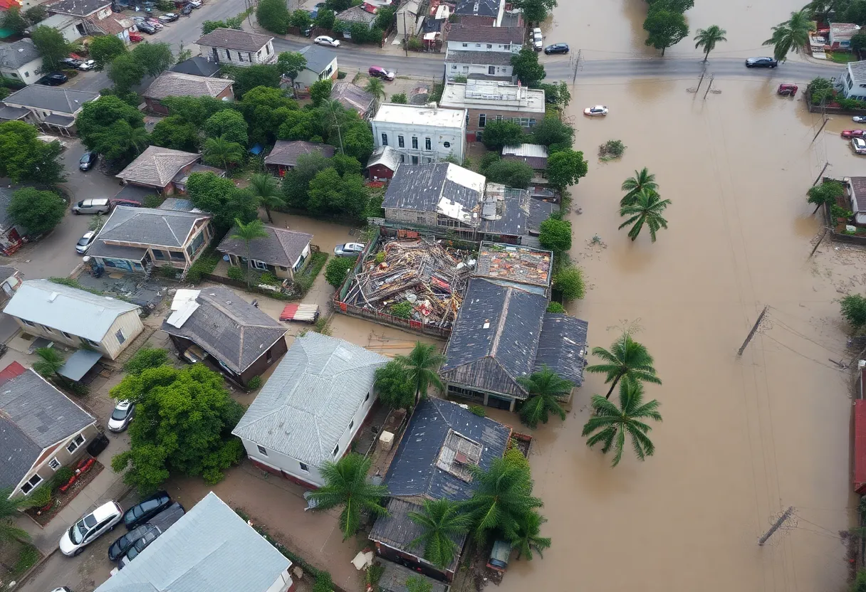 Aerial view of flood damage in Austin after severe storms