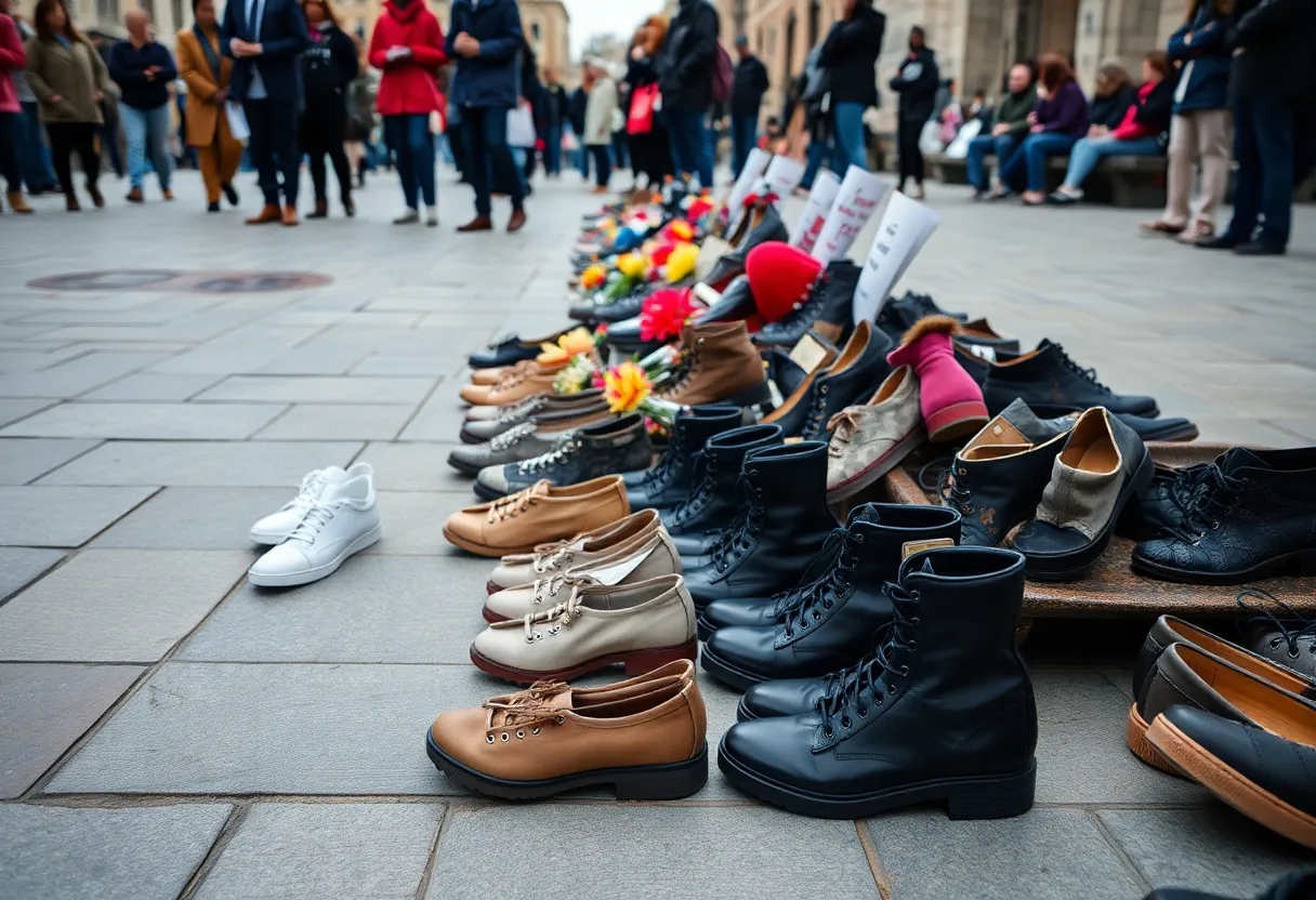 A display of shoes at George Floyd Square representing victims of violence.