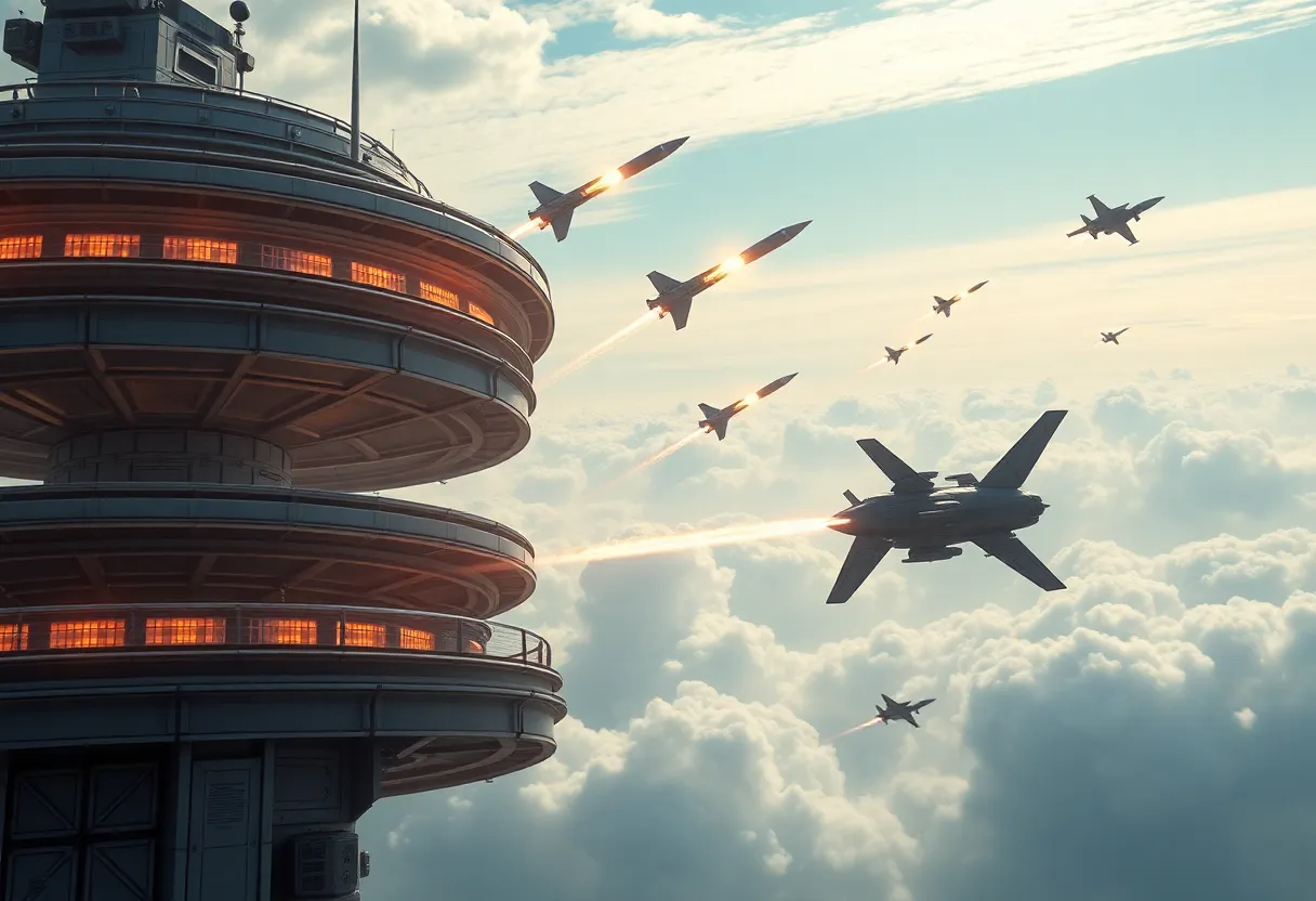 Conceptual image of the Golden Dome missile defense system intercepting missiles