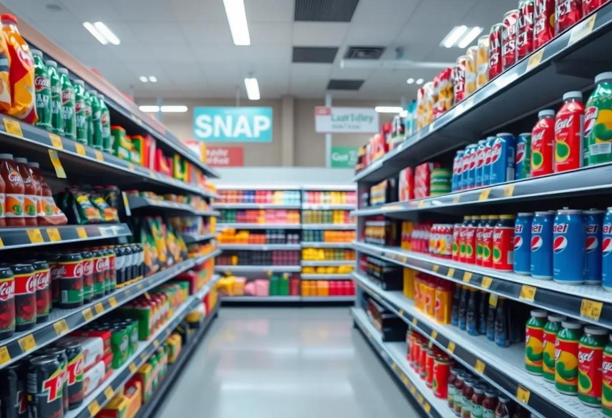 A grocery store aisle filled with healthy food, emphasizing the shift in SNAP nutrition policies.