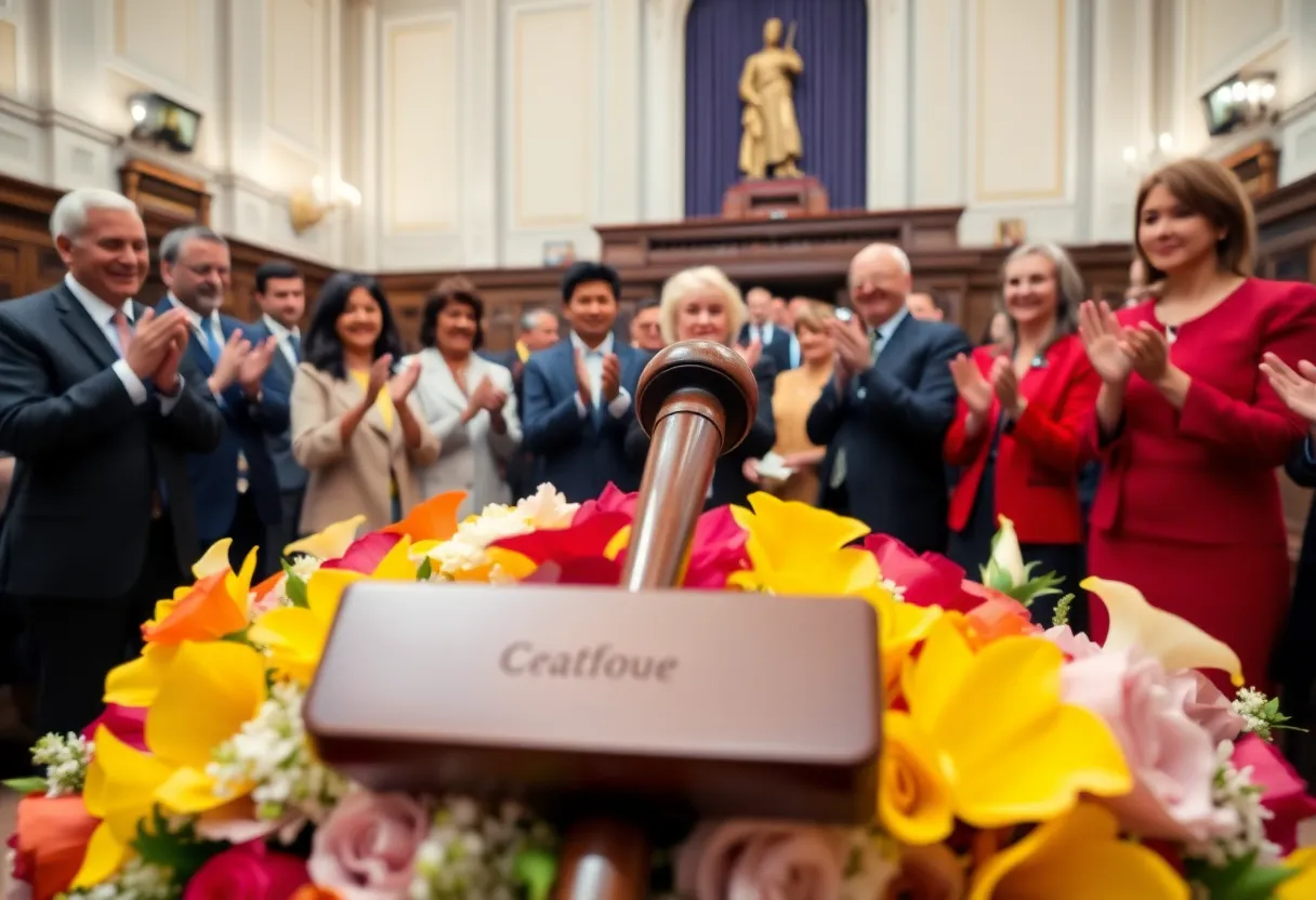 Senators celebrating Judith Zaffirini's 75,000th consecutive vote with flowers and a gavel.