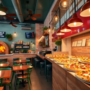 Interior view of Loudmouth Pizzeria with pizzas on display