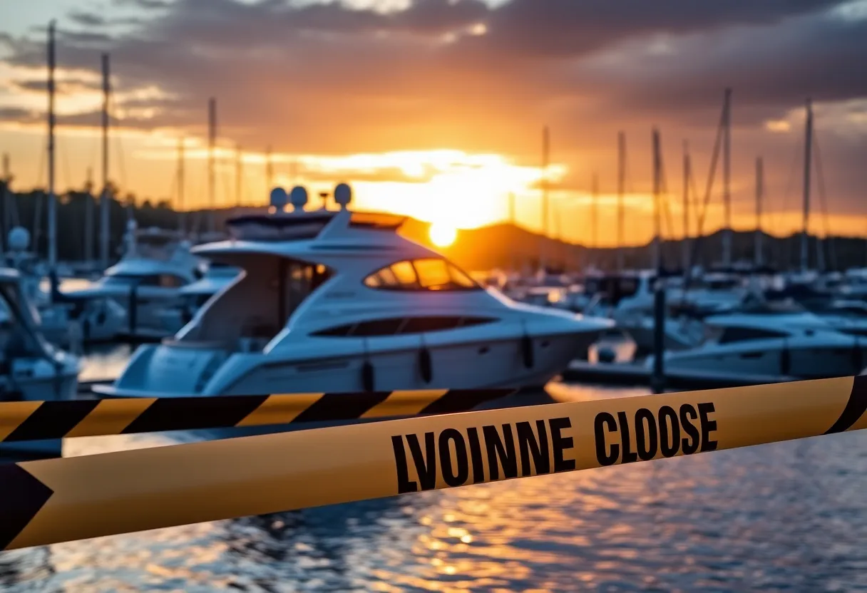 Charter boat at sunset with crime scene tape