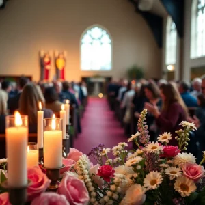 A gathering of people at a memorial service honoring a young artist.