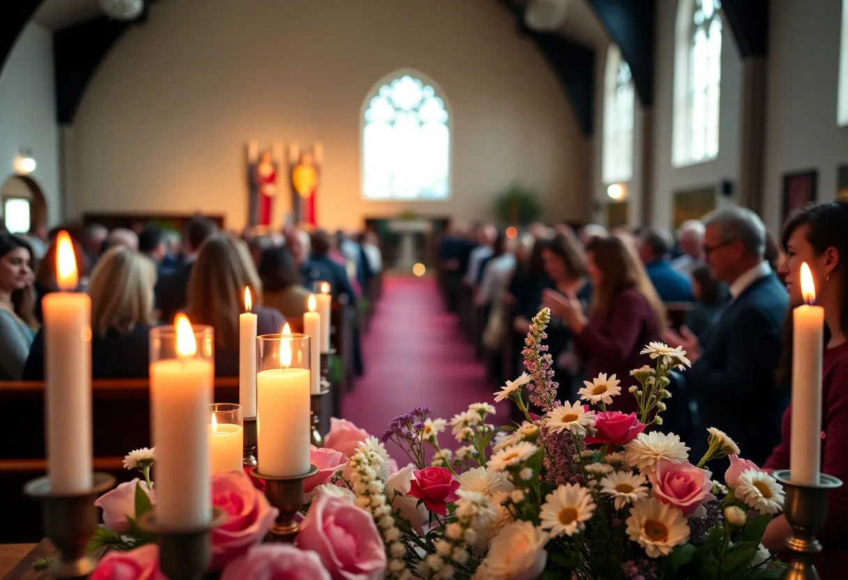 A gathering of people at a memorial service honoring a young artist.
