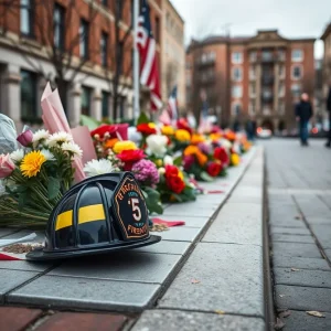 Memorial honoring firefight, featuring flowers and a helmet