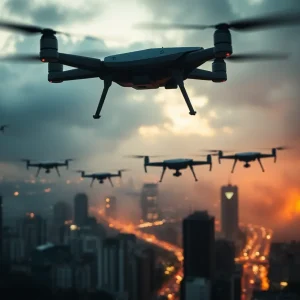 Drones flying over a city during military conflict