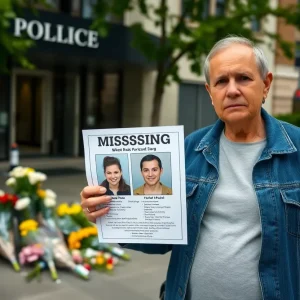 Community member with missing person flyer in front of police station