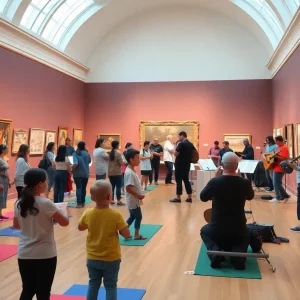 Families participating in art activities during Mother's Day Weekend at Blanton Museum