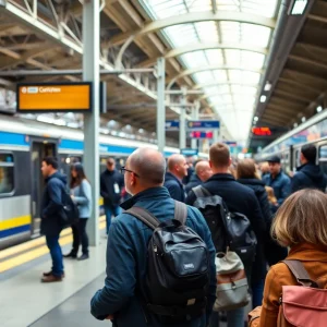 Commuters waiting at a crowded New Jersey Transit station