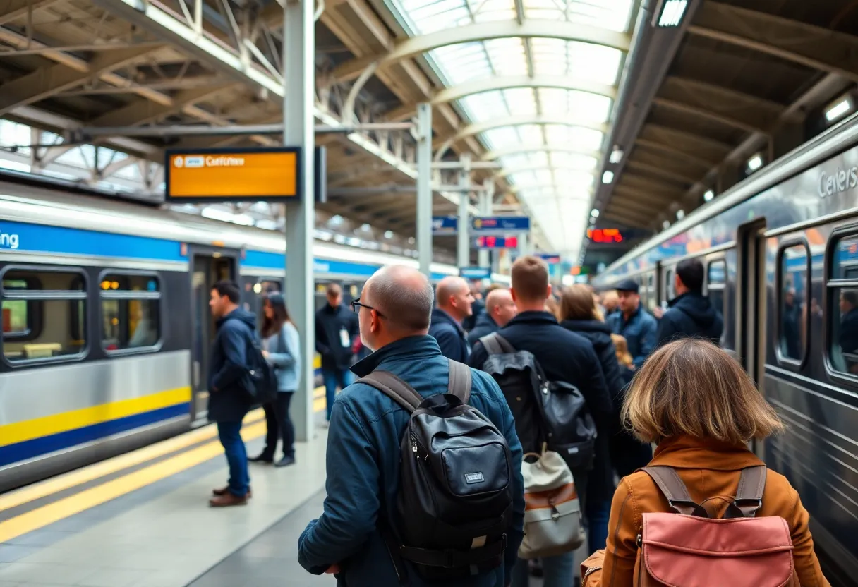 Commuters waiting at a crowded New Jersey Transit station