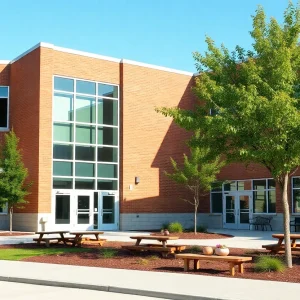 Exterior view of the renovated Oak Springs Elementary School with modern architecture.