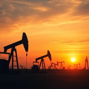 Oil drilling rigs at sunset