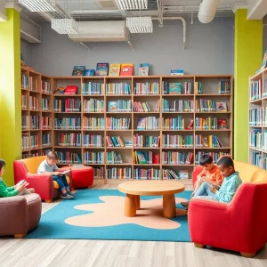 Cozy reading nook with books for children in a school setting.