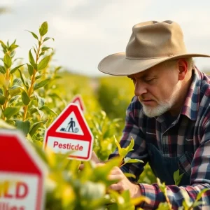 Farmer assessing crop health amid pesticide concerns