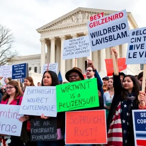 Demonstrators advocating for birthright citizenship rights outside the Supreme Court.