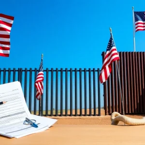 Representation of tax cuts and border security with tax documents and a border wall.