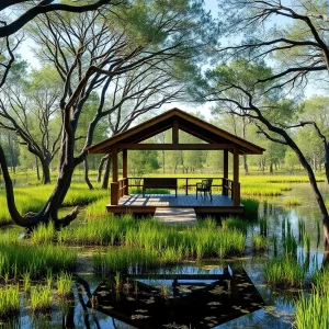 Sustainable pavilion Roost designed by Furman + Keil Architects in Austin's wetlands