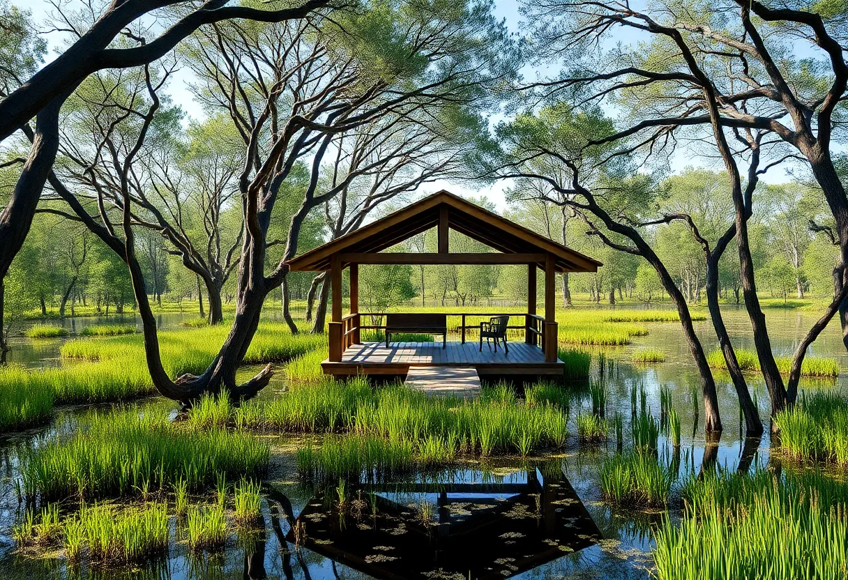 Sustainable pavilion Roost designed by Furman + Keil Architects in Austin's wetlands