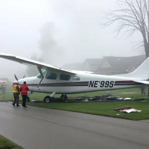 Aerial view showing the site of the plane crash in a suburban neighborhood.