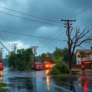 Damage caused by hailstorm in Central Texas with downed trees and powerlines