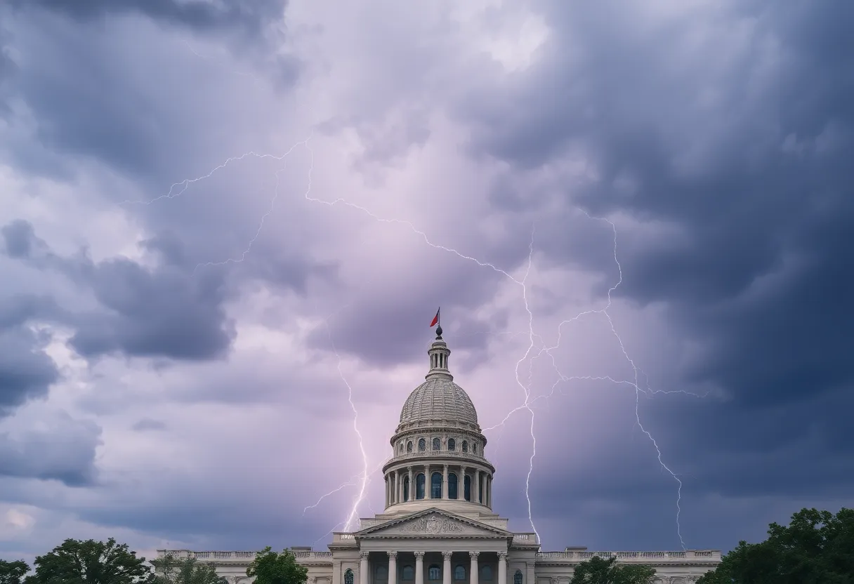 Dark clouds and lightning over the Texas Capitol building during severe weather.